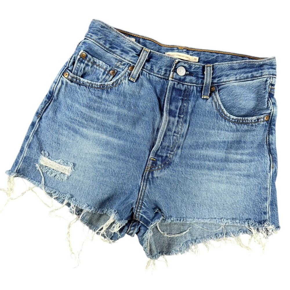 Levi's Ribcage Straight Ankle Women 26 Blue Distressed Cut Off Shorts Casual